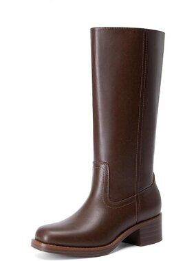 Women's Dark Brown Faux Leather Mid Calf Toe Chunky Heel Pull On Riding Boots